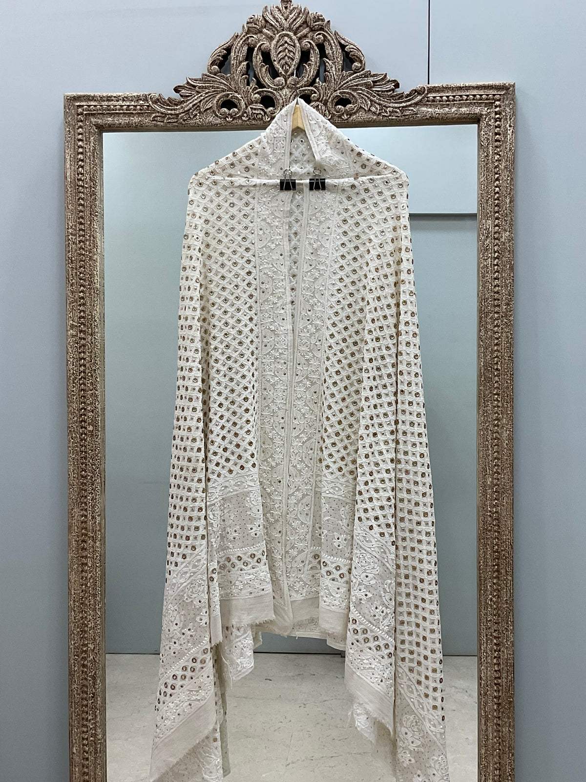 Pure Georgette Heavy Ring Mukaish Designer Dupatta Off White