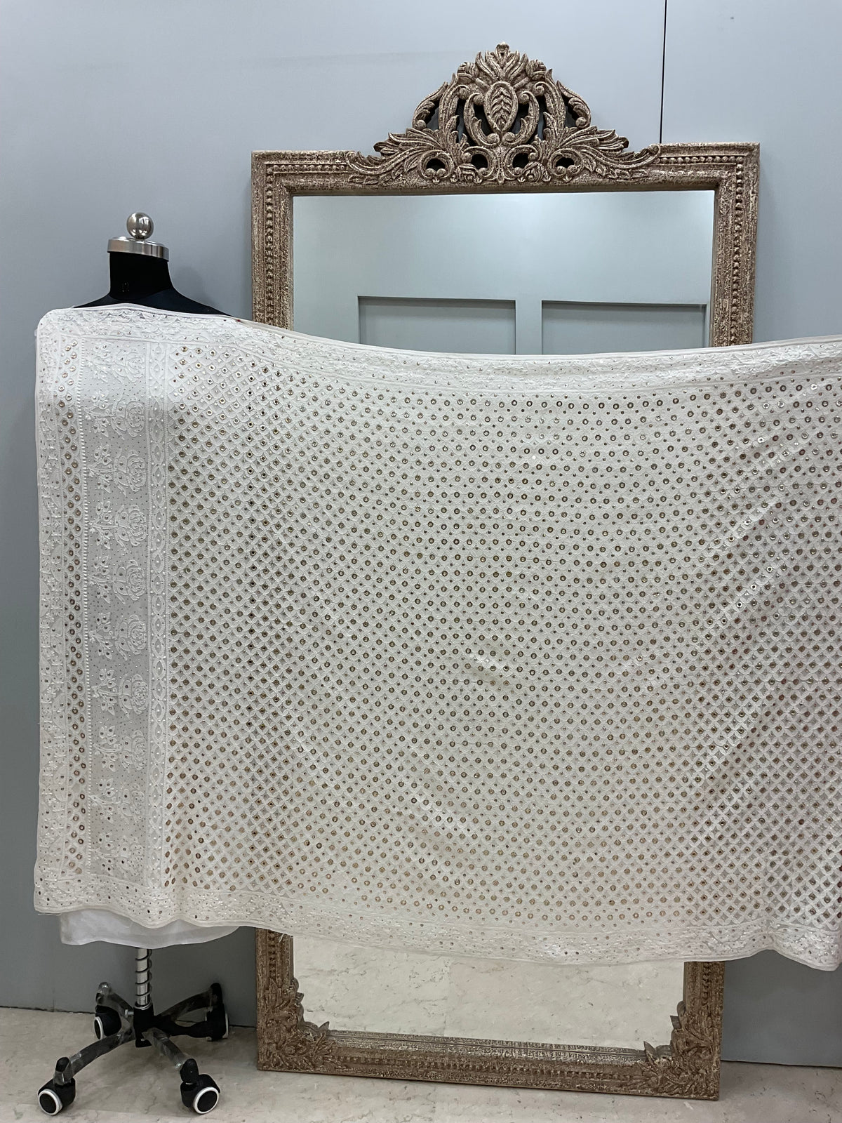 Pure Georgette Heavy Ring Mukaish Designer Dupatta Off White