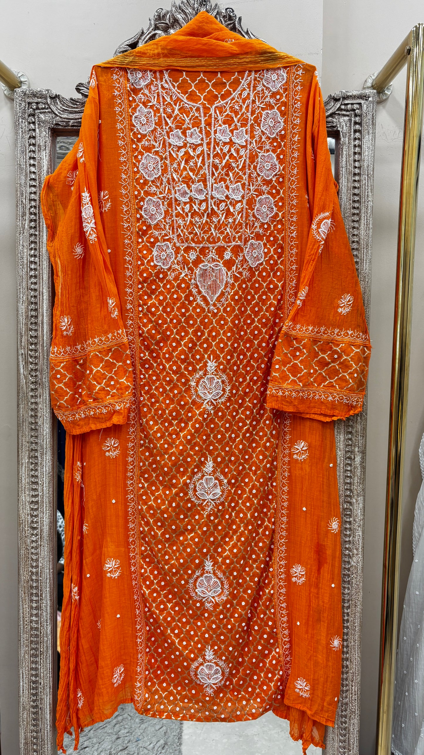 Pure Mulmul Cotton Semistiched Kurta Pearl And Addon Work With Dupatta Orange