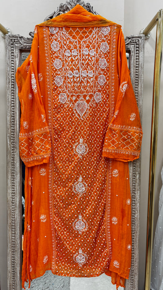 Pure Mulmul Cotton Semistiched Kurta Pearl And Addon Work With Dupatta Orange