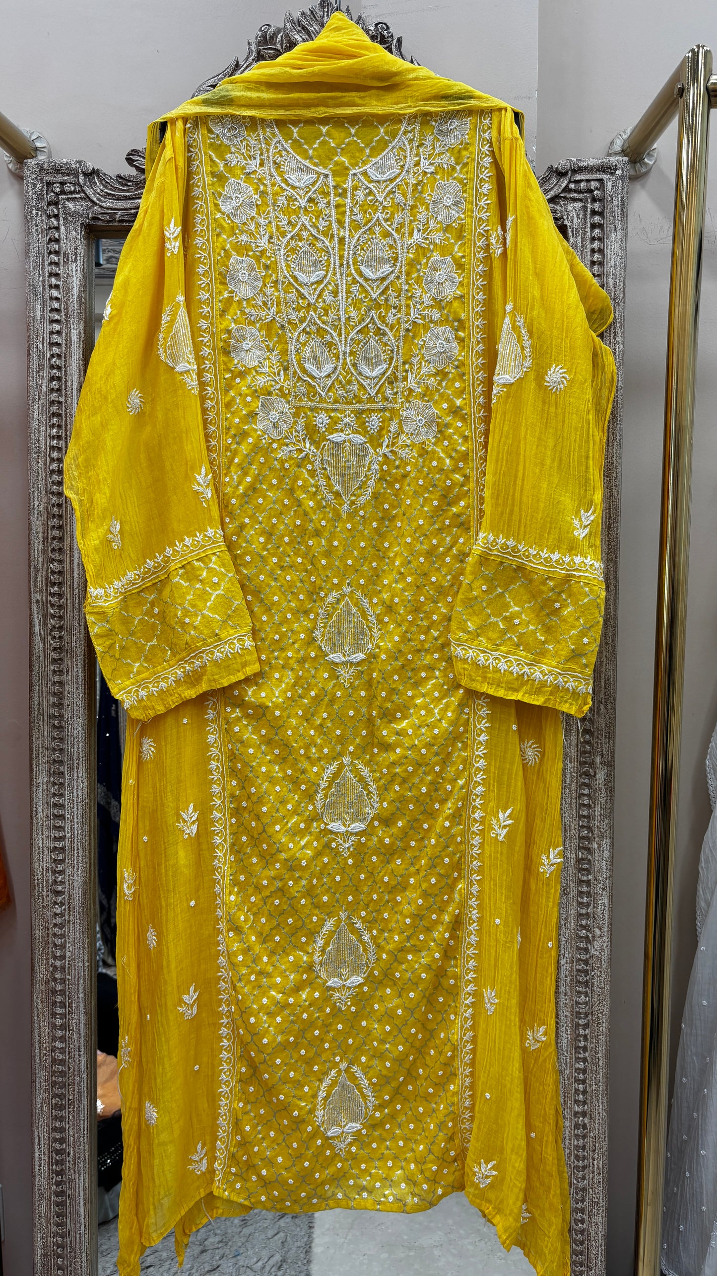 Pure Mulmul Cotton Semistiched Kurta Pearl And Addon Work With Dupatta Yellow