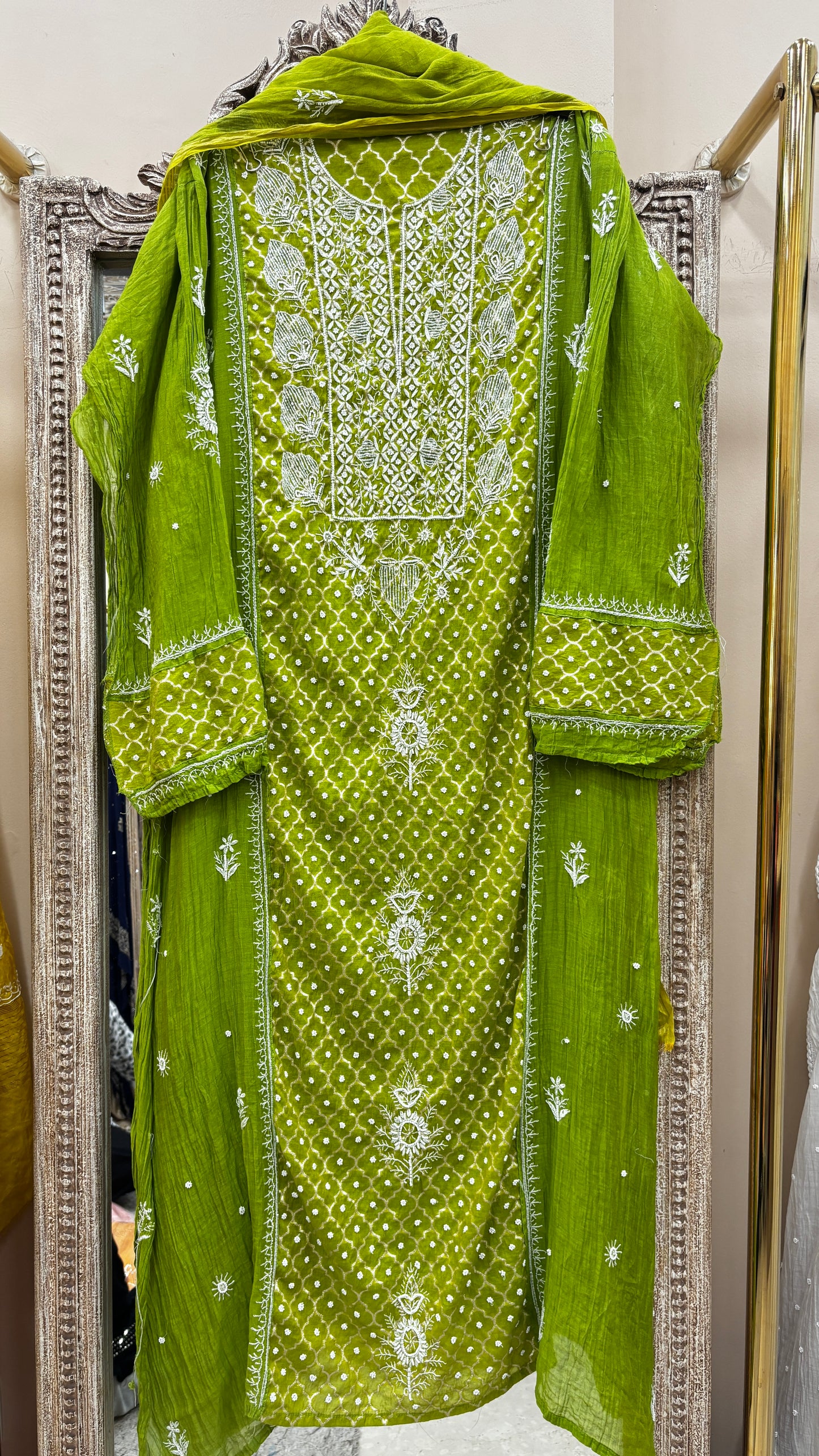 Pure Mulmul Cotton Semistiched Kurta Pearl And Addon Work With Dupatta Green