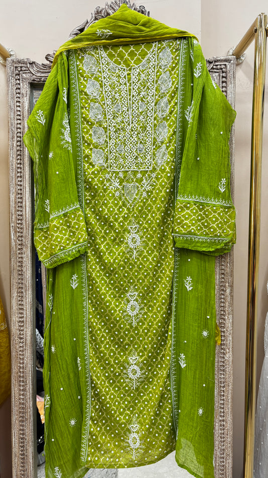 Pure Mulmul Cotton Semistiched Kurta Pearl And Addon Work With Dupatta Green