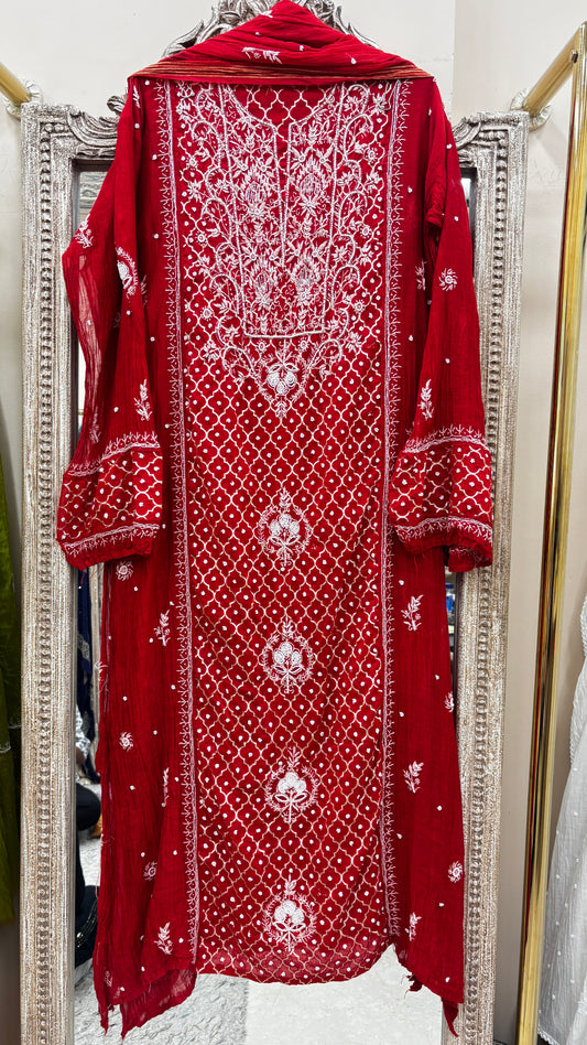 Pure Mulmul Cotton Semistiched Kurta Pearl And Addon Work With Dupatta Red