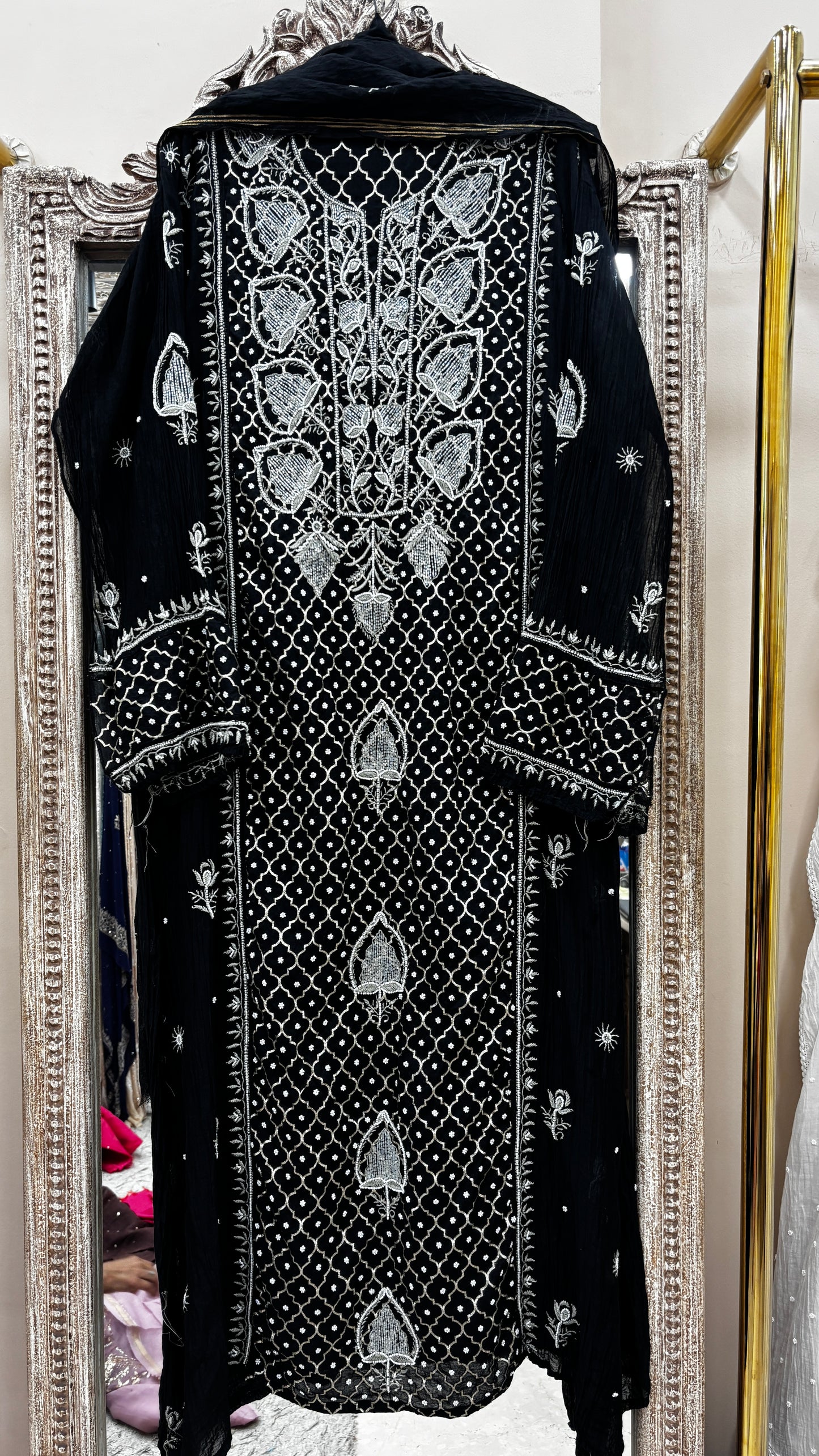 Pure Mulmul Cotton Semistiched Kurta Pearl And Addon Work With Dupatta Black