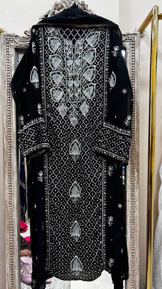 Pure Mulmul Cotton Semistiched Kurta Pearl And Addon Work With Dupatta Black