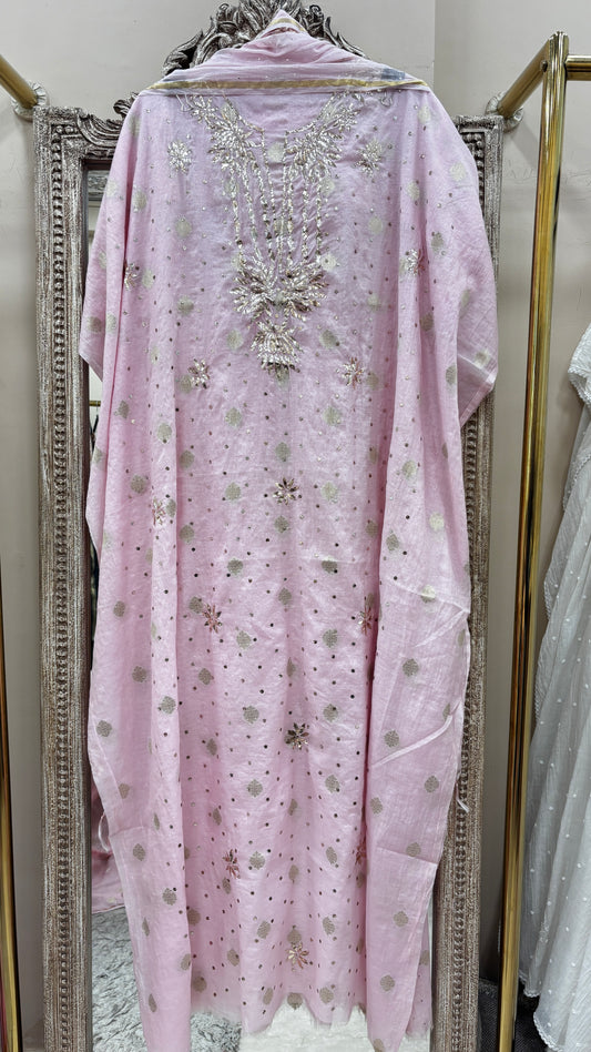 Pure Mul Cotton Straight Badla Work  With Dupatta Pink