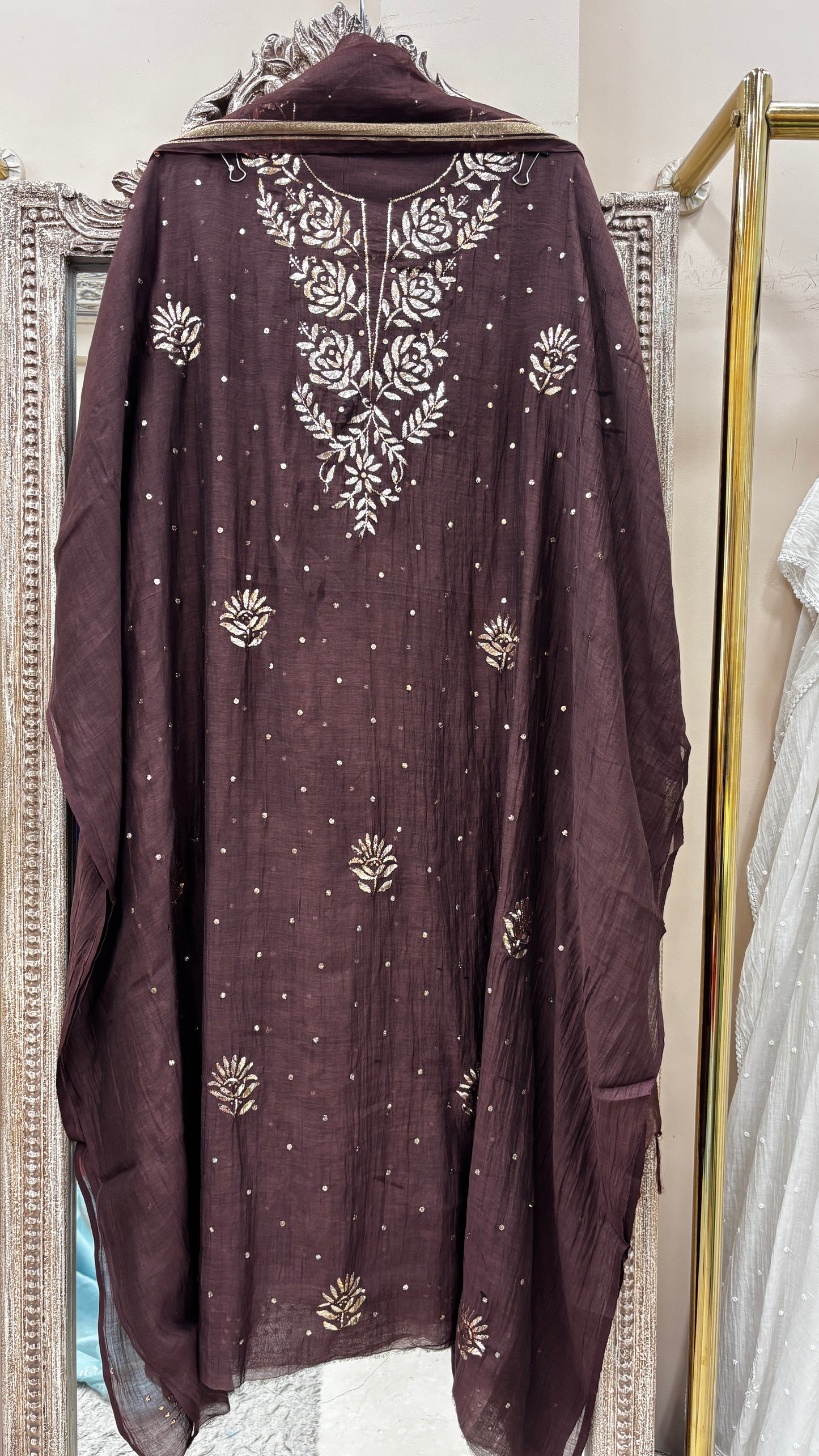 Pure Mul Cotton Straight Badla Work  With Dupatta Brown