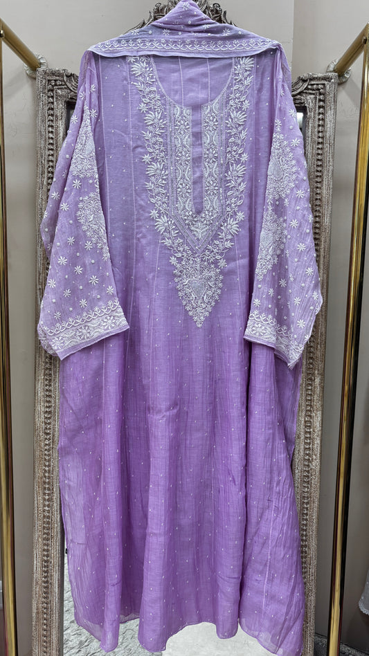 Pure Mul Anarkali Heavy Pearl And Cutdana Work With Dupatta Purple