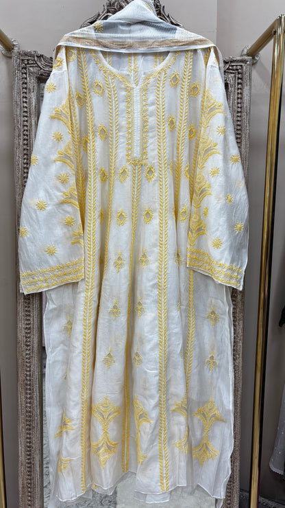 Pure Mul Anarkali Heavy Chikan Work With Dupatta White
