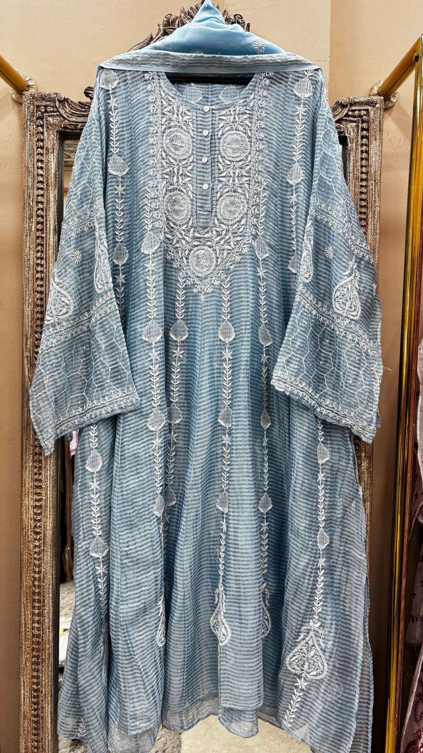 Pure Mulmul Cotton Anarkali Pearl And Addon Work With Dupatta Blue