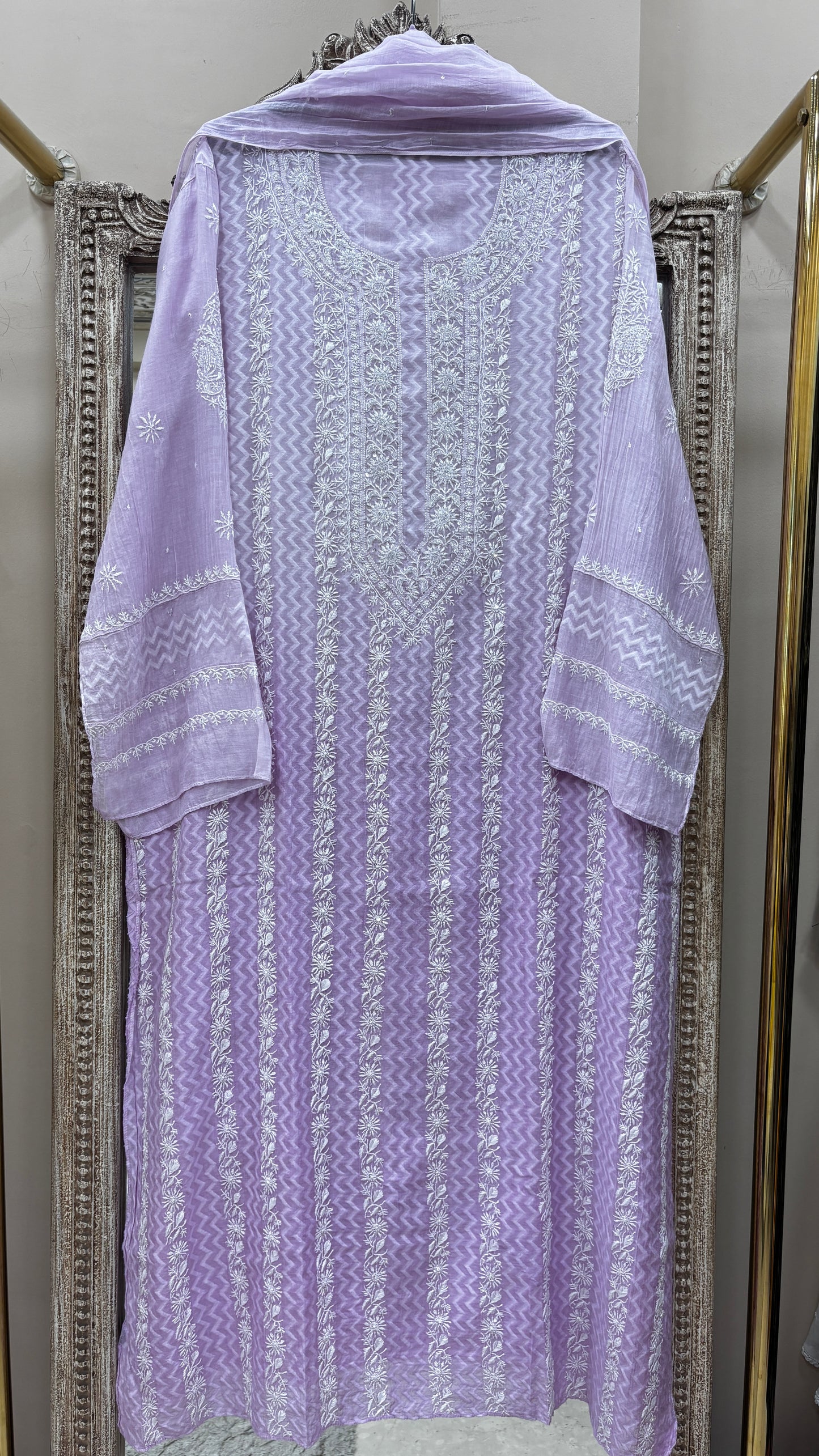 Pure Mulmul Cotton Semistiched Kurta Pearl And Addon Work With Dupatta Lilac
