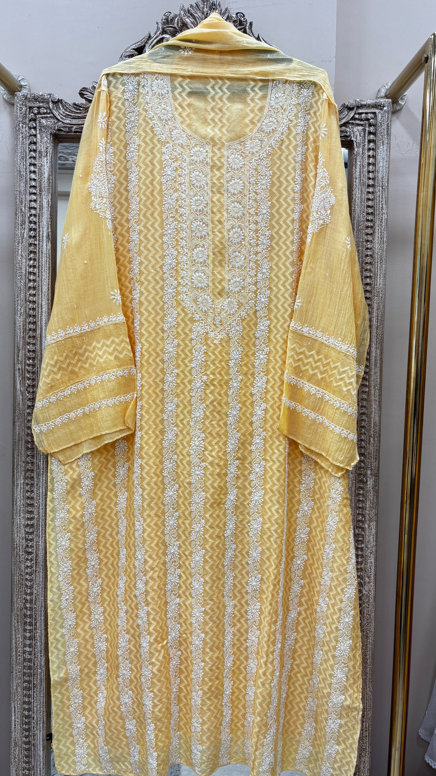 Pure Mulmul Cotton Semistiched Kurta Pearl And Addon Work With Dupatta Yellow