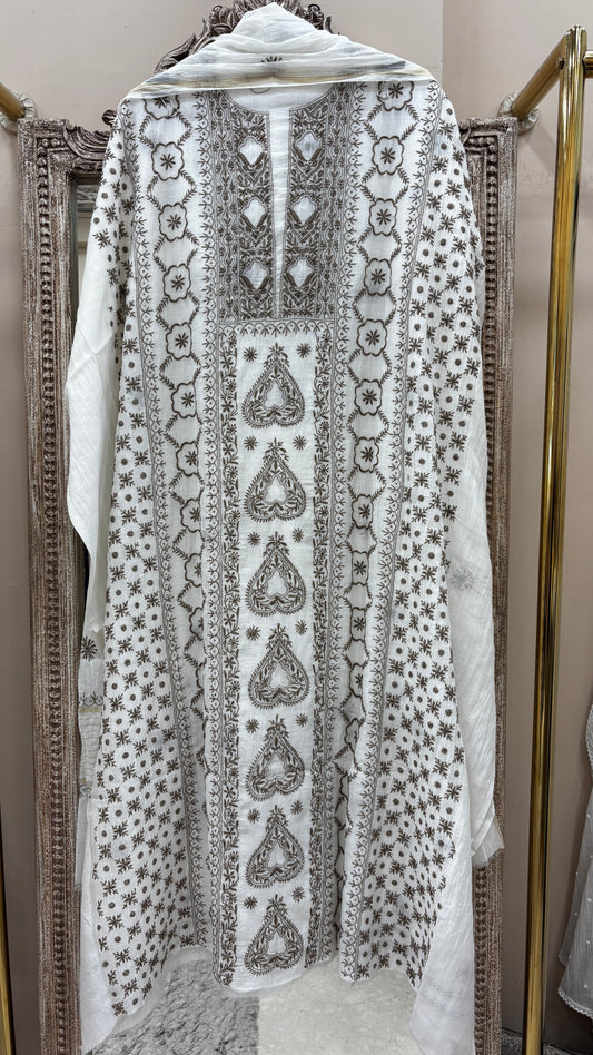 Pure Mulmul Cotton  Kurta Chickankari With Dupatta White 01