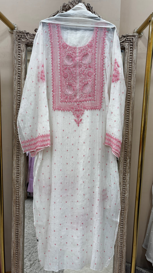 Pure Mulmul Cotton Semistiched Kurta Pearl And Addon Work With Dupatta White