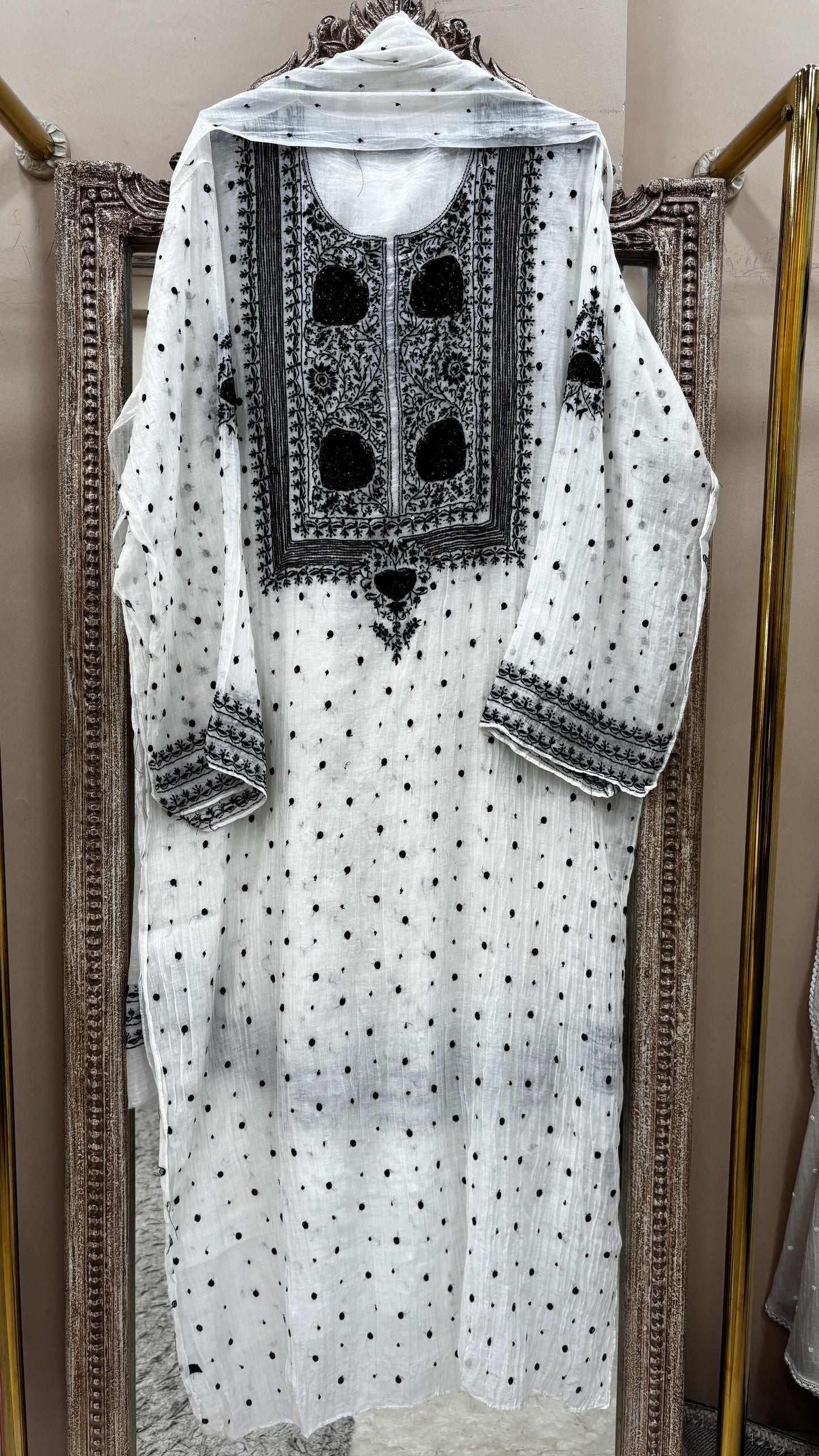 Pure Mulmul Cotton Semistiched Kurta Pearl And Addon Work With Dupatta White