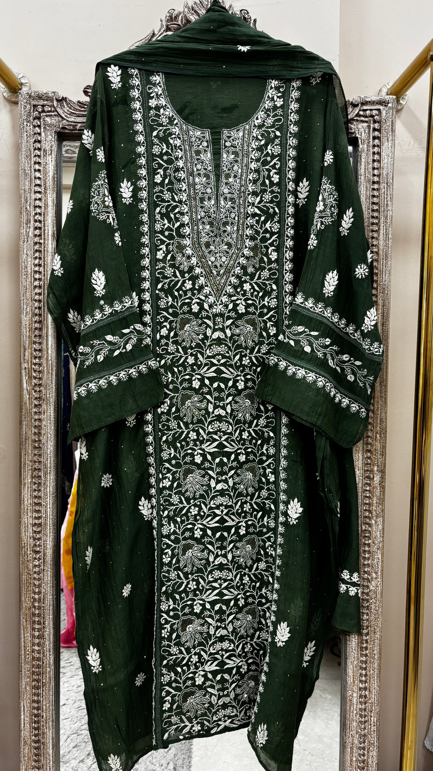 Pure Mul Cotton Straight Mukaish Work  With Dupatta Green