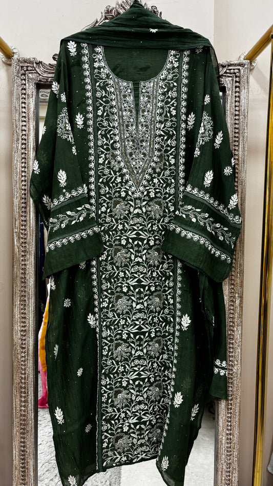 Pure Mul Cotton Straight Mukaish Work  With Dupatta Green