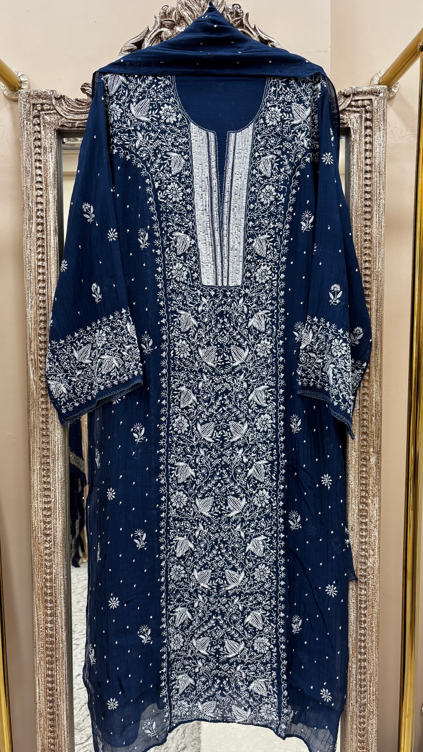 Pure Mul Cotton Straight Mukaish Work  With Dupatta Navy Blue