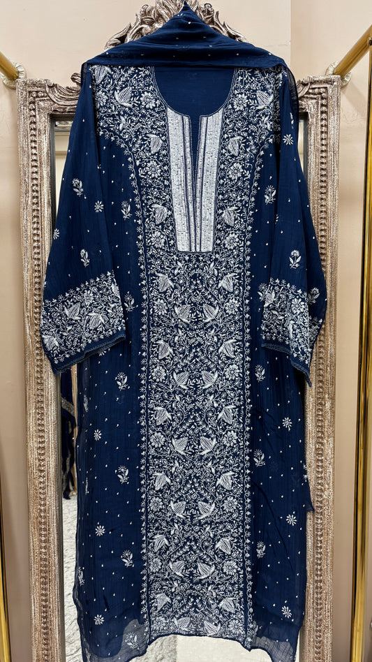 Pure Mul Cotton Straight Mukaish Work  With Dupatta Navy Blue