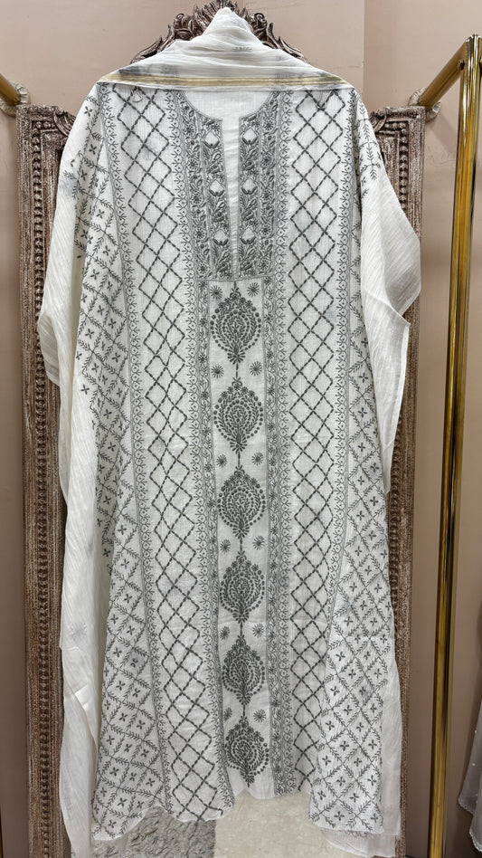 Pure Mulmul Cotton  Kurta Chickankari With Dupatta White 05