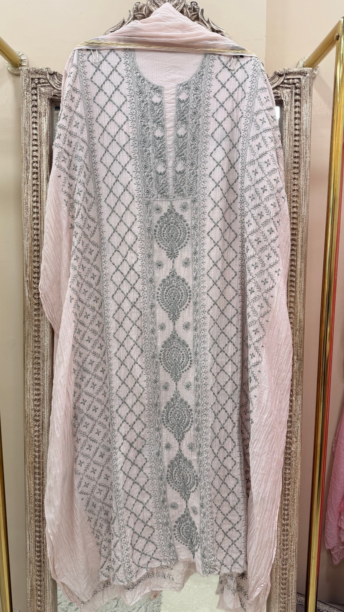 Pure Mul Straight Heavy Chikan Work With Dupatta Powder Peach