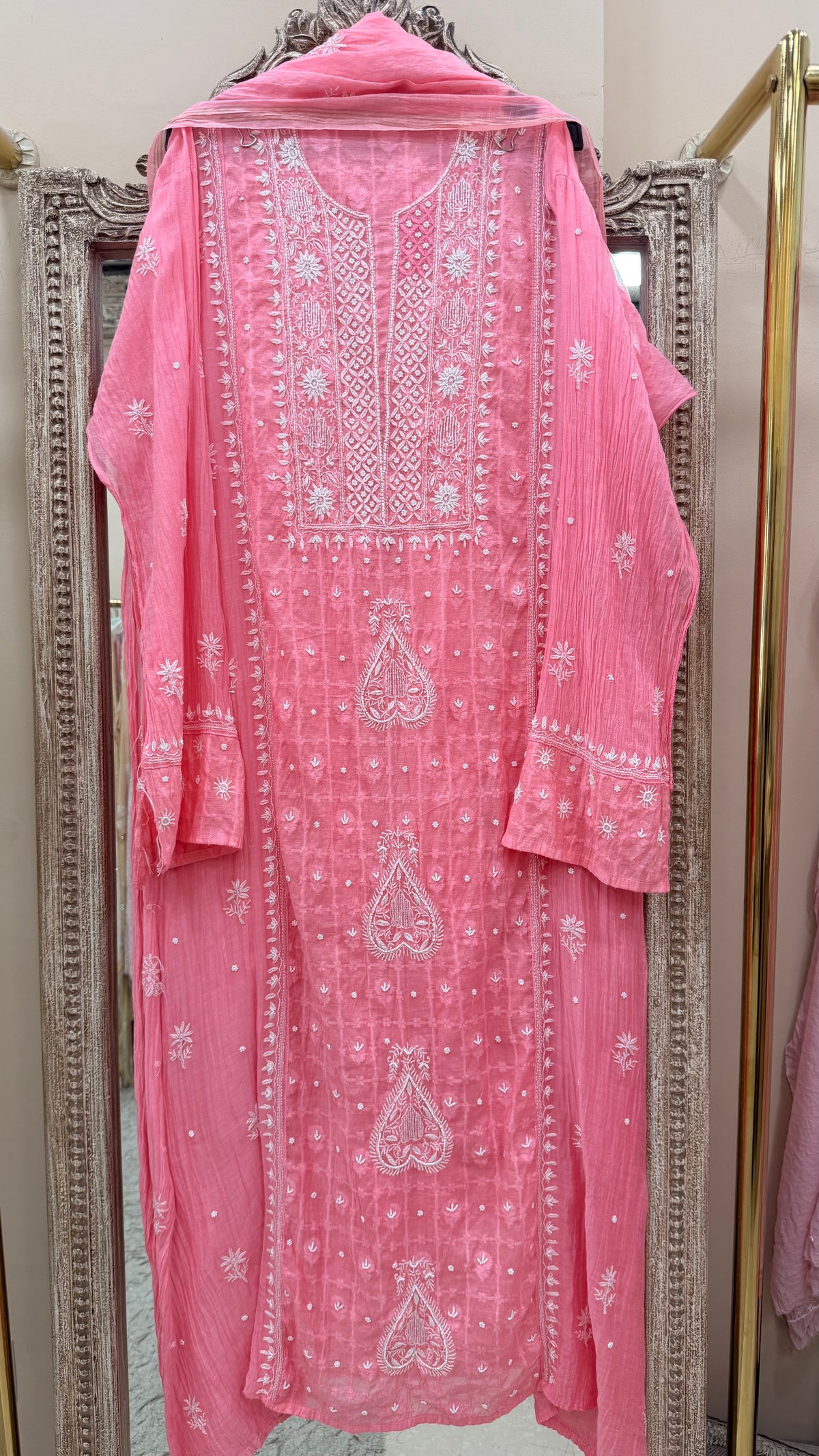 Pure Mulmul Cotton Semistiched Kurta Pearl And Addon Work With Dupatta Pink