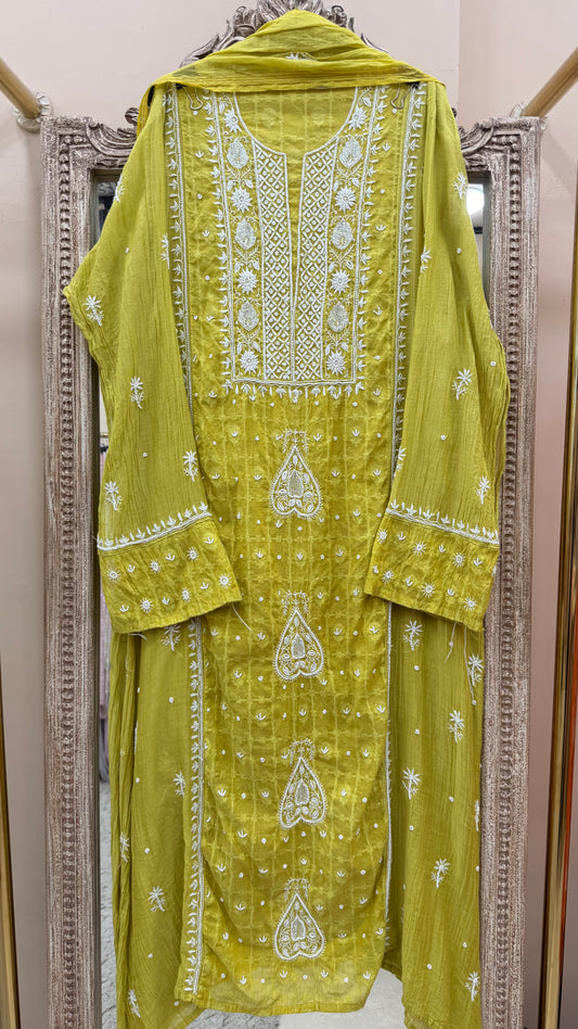 Pure Mulmul Cotton Semistiched Kurta Pearl And Addon Work With Dupatta Green