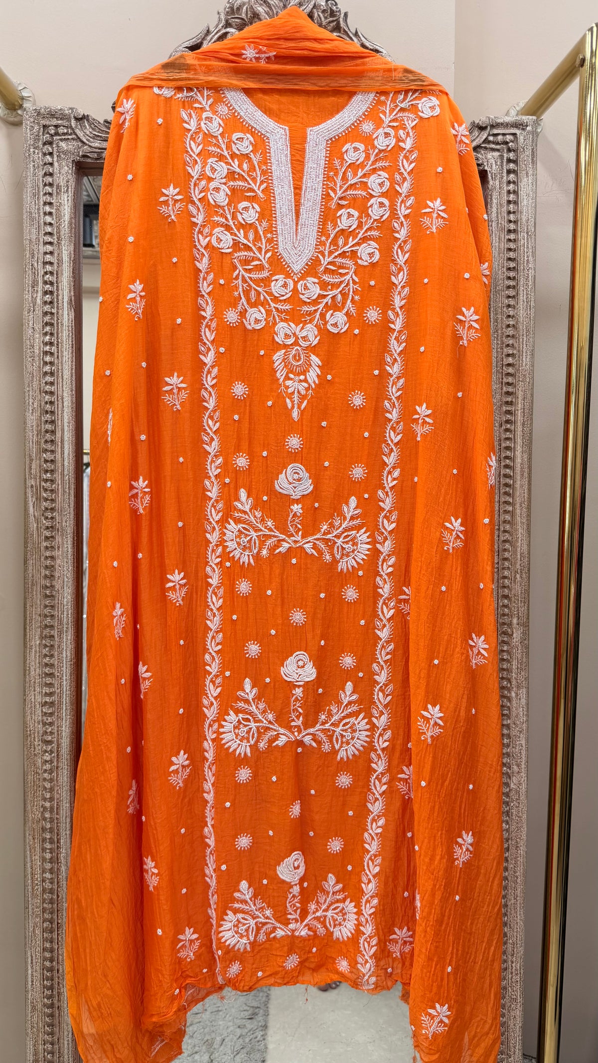 Pure Mulmul Cotton Kurta Pearl And Addon Work With Dupatta Orange