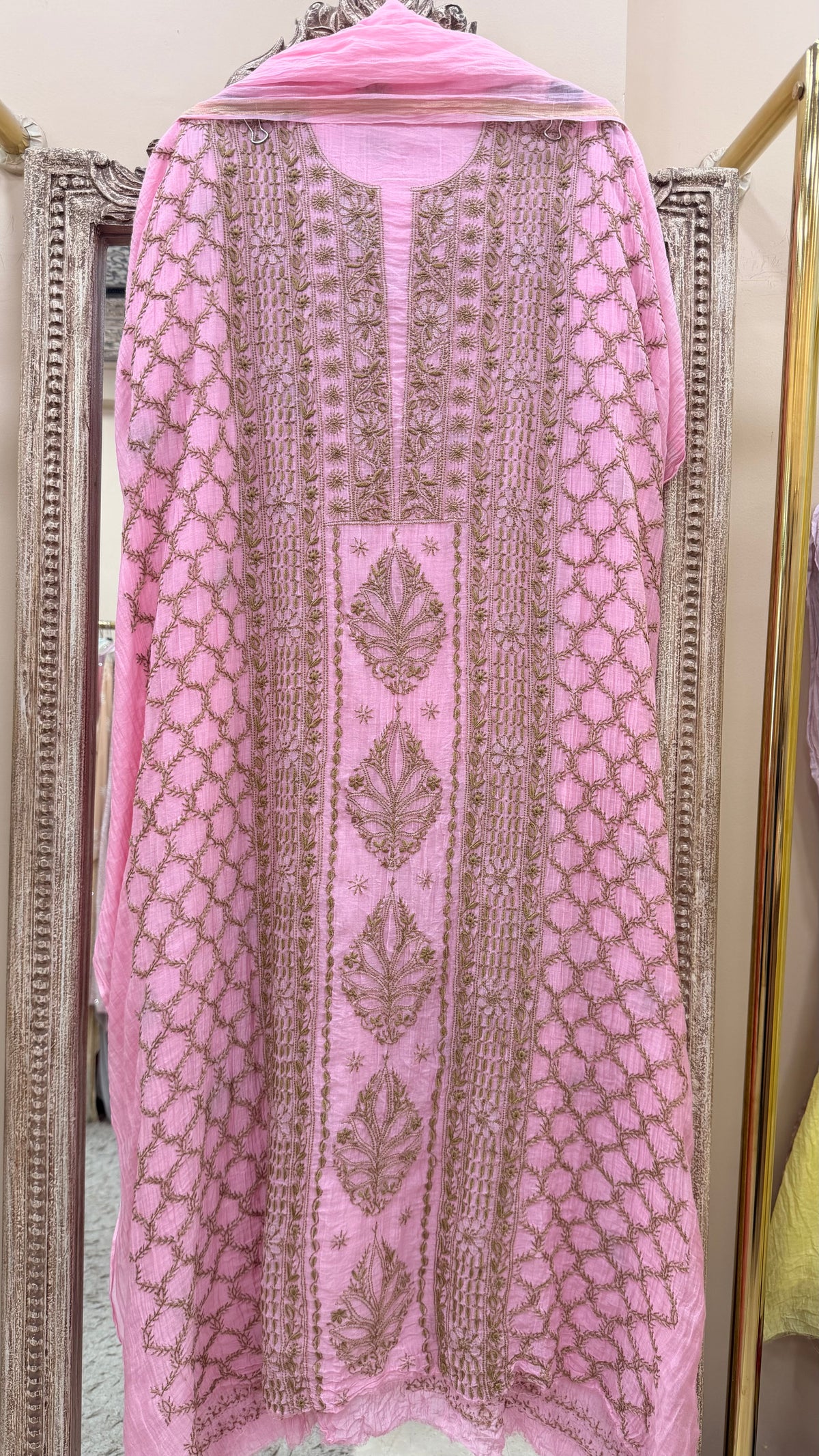 Pure Mul Straight Heavy Chikan Work With Dupatta Pink