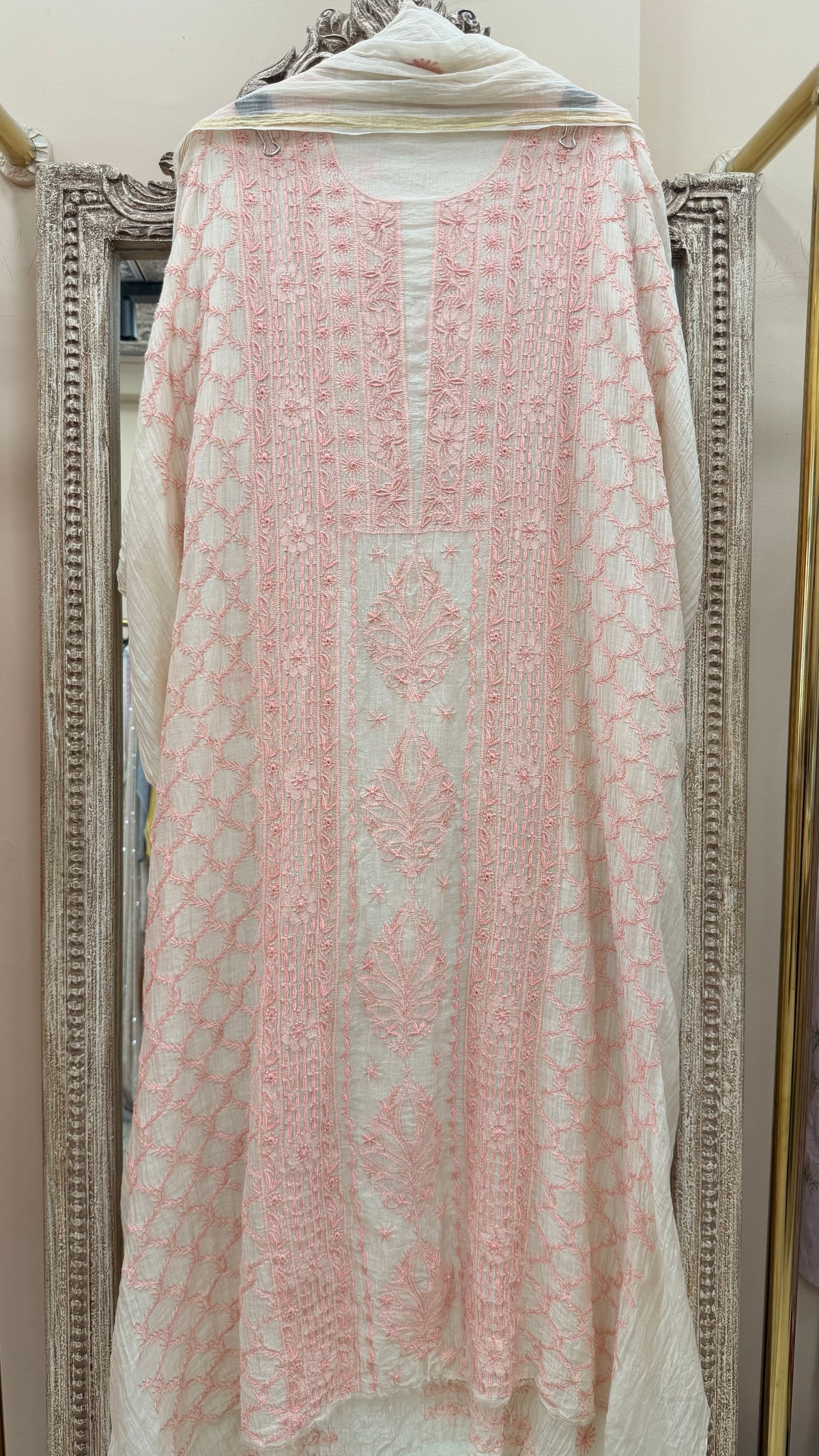 Pure Mul Straight Heavy Chikan Work With Dupatta  Cream