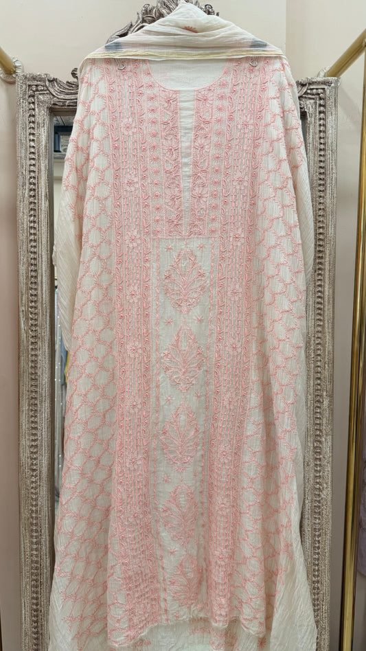 Pure Mul Straight Heavy Chikan Work With Dupatta  Cream