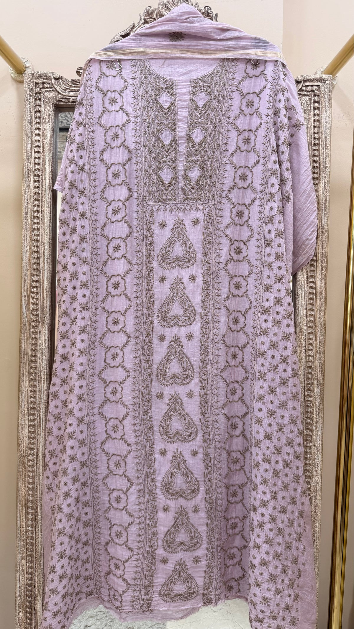 Pure Mul Straight Heavy Chikan Work With Dupatta Lilac