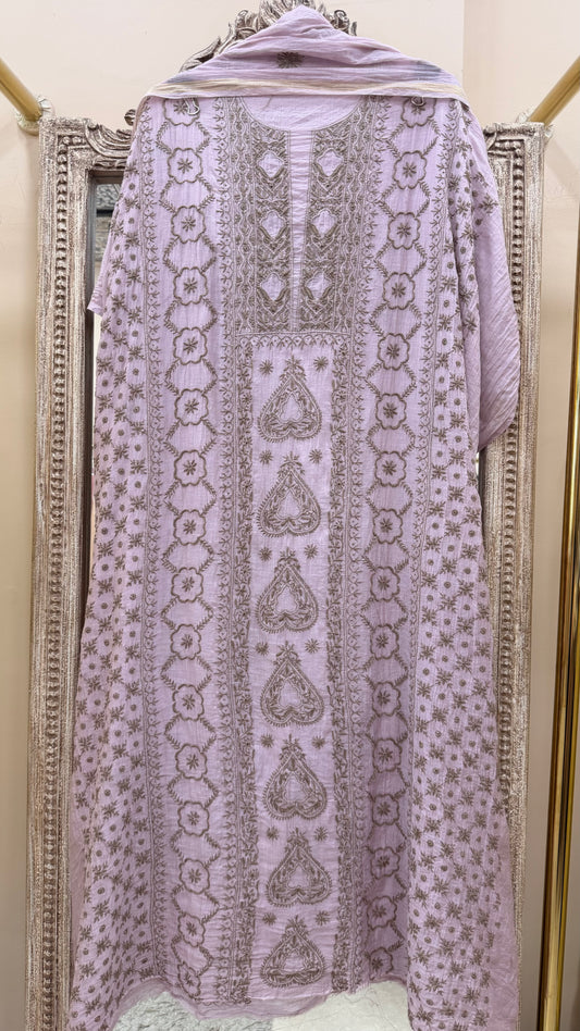 Pure Mul Straight Heavy Chikan Work With Dupatta Lilac