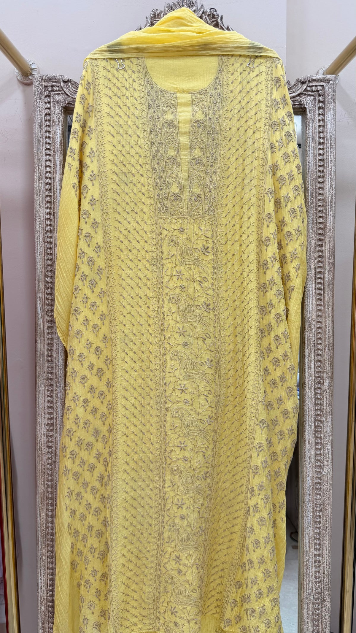 Pure Mul Straight Heavy Chikan Work With Dupatta Yellow