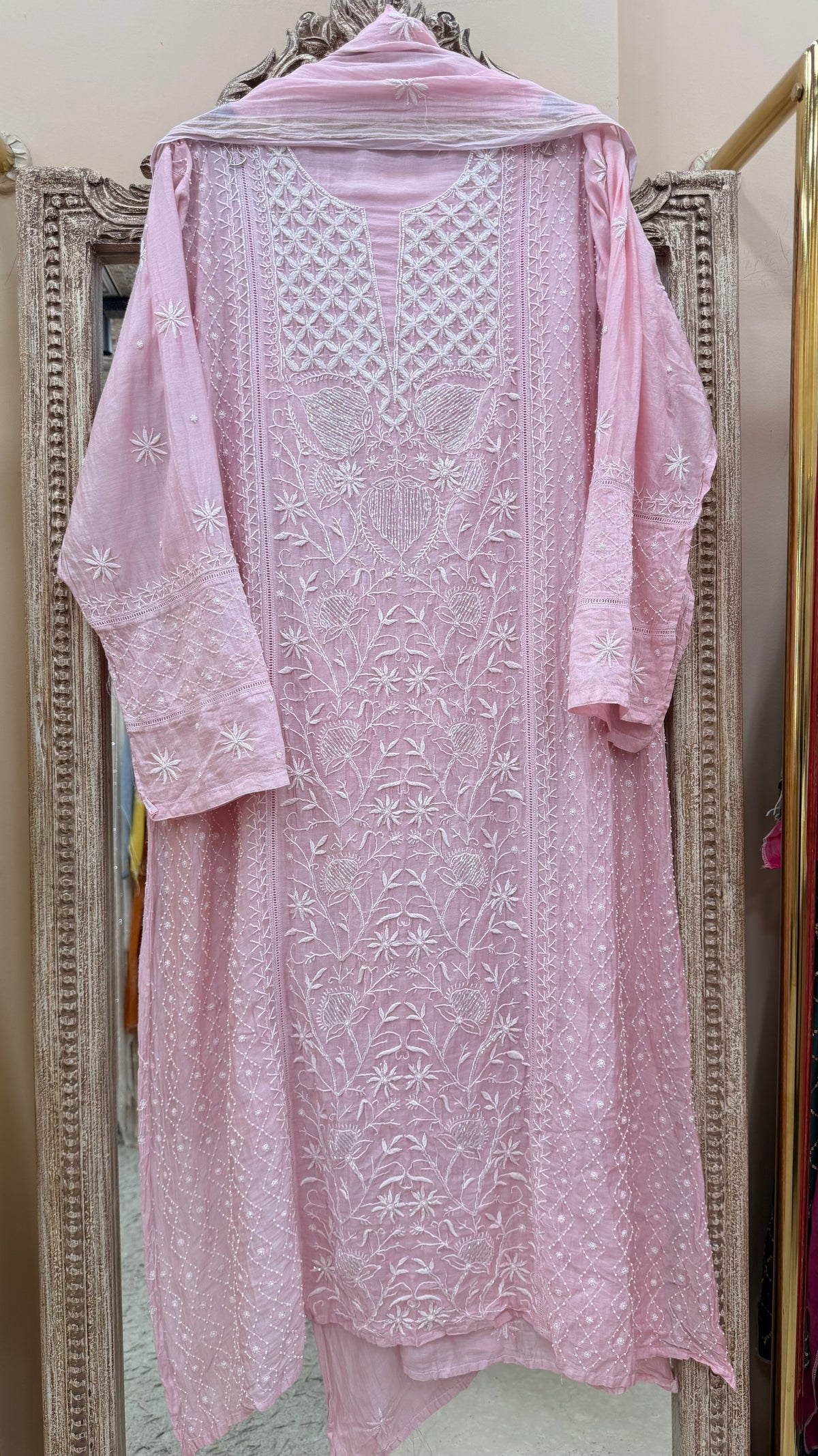 Pure Mulmul Cotton Semistiched Kurta Pearl And Addon Work With Dupatta Pink
