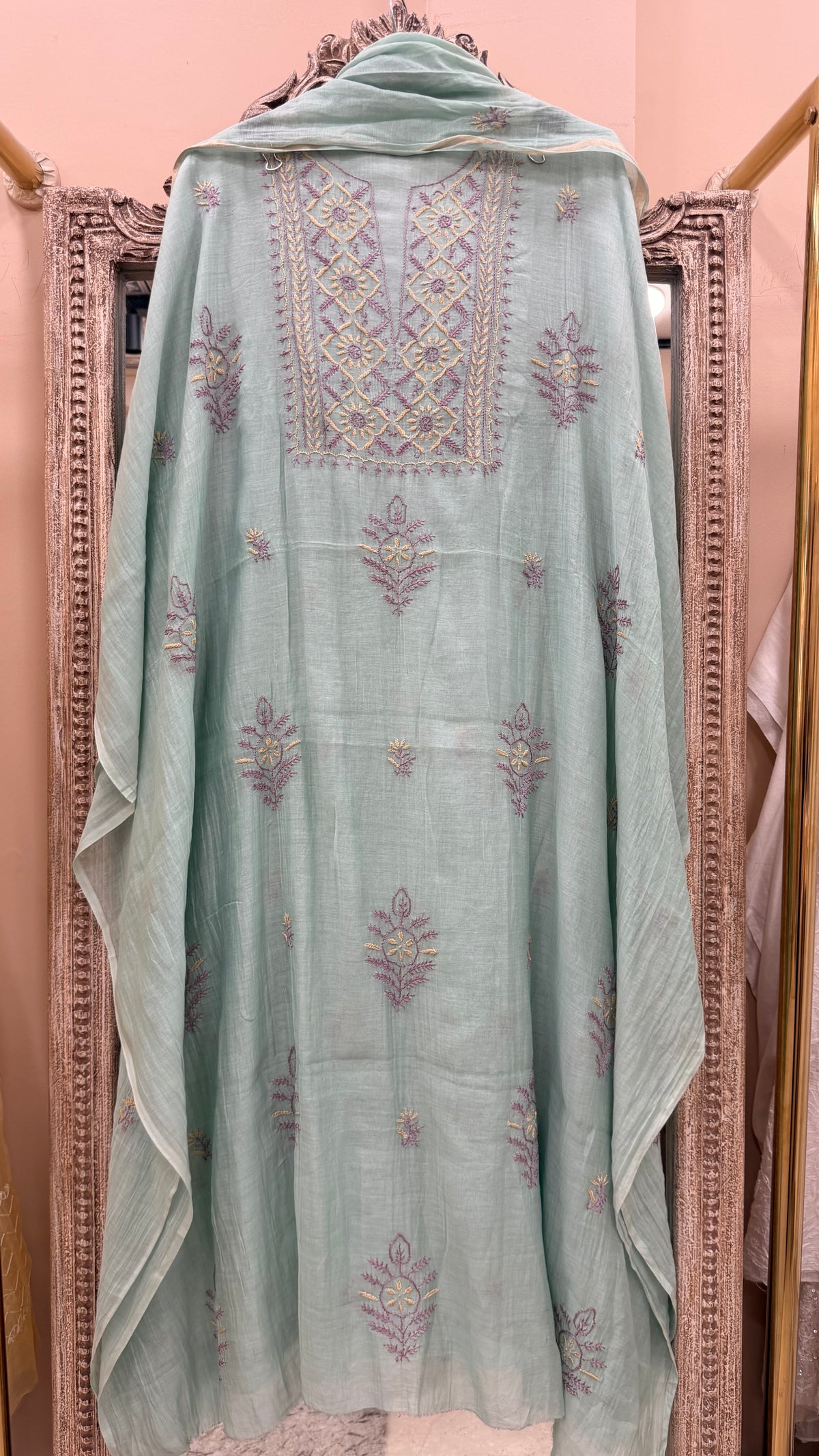 Pure Mul Straight Heavy Chikan Work With Dupatta Sea Green