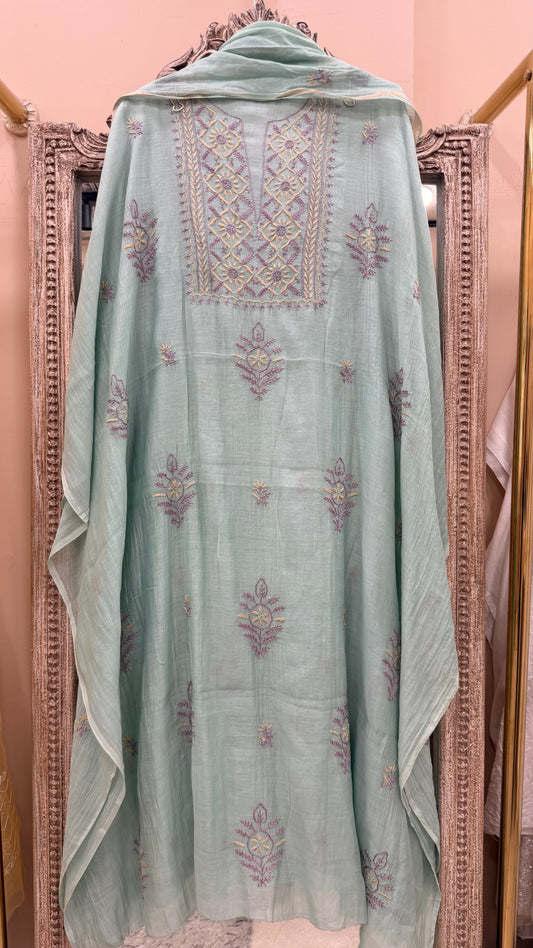 Pure Mul Straight Heavy Chikan Work With Dupatta Sea Green