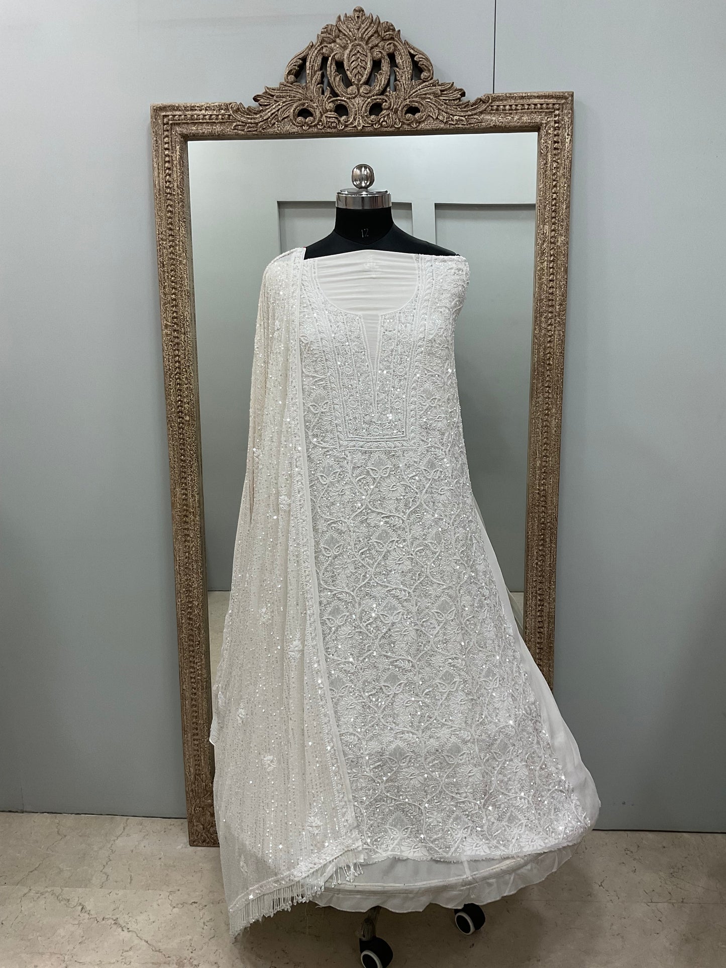 Superfine Pure Georgette Heavy Pearl Cutdana and Sequence Designer White 01