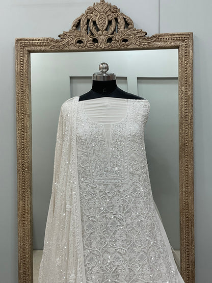 Superfine Pure Georgette Heavy Pearl Cutdana and Sequence Designer White 01