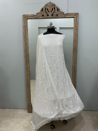 Superfine Pure Georgette Heavy Pearl Cutdana and Sequence Designer White 01