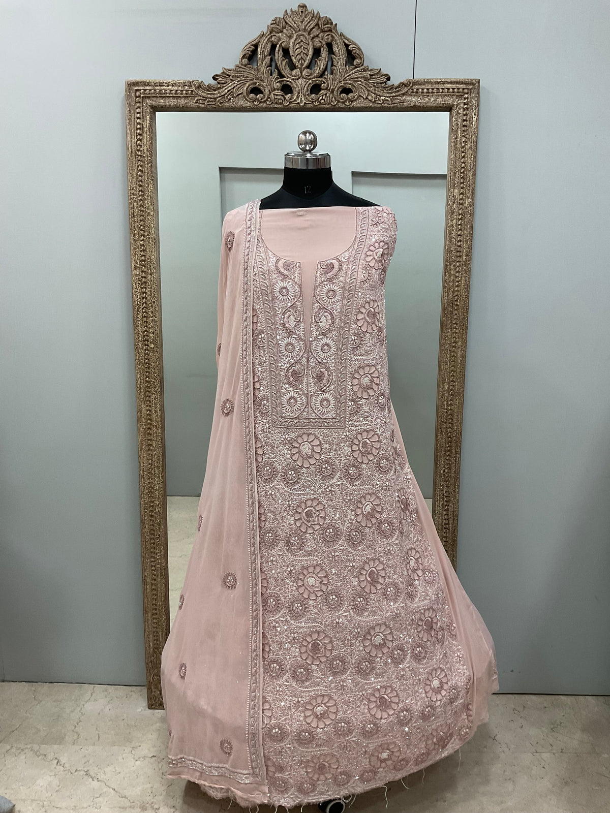 Superfine Pure Georgette Heavy Cutdana Pearl And Sequence Work Designer With Dupatta Beige