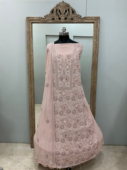 Superfine Pure Georgette Heavy Cutdana Pearl And Sequence Work Designer With Dupatta Beige