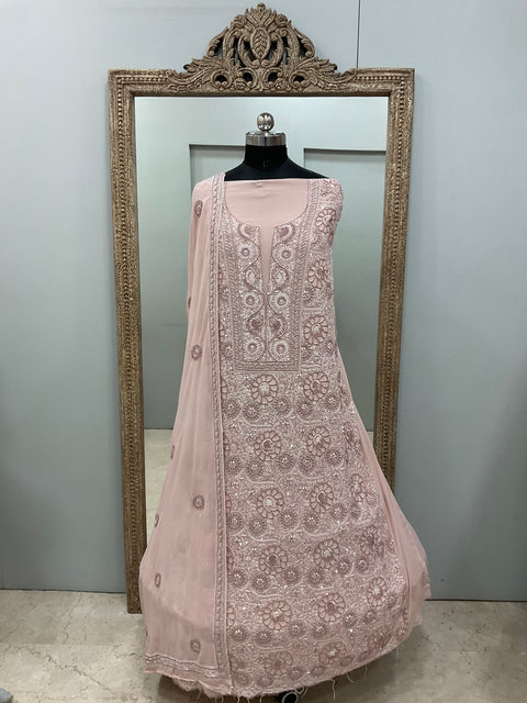 Superfine Pure Georgette Heavy Cutdana Pearl And Sequence Work Designer With Dupatta Beige