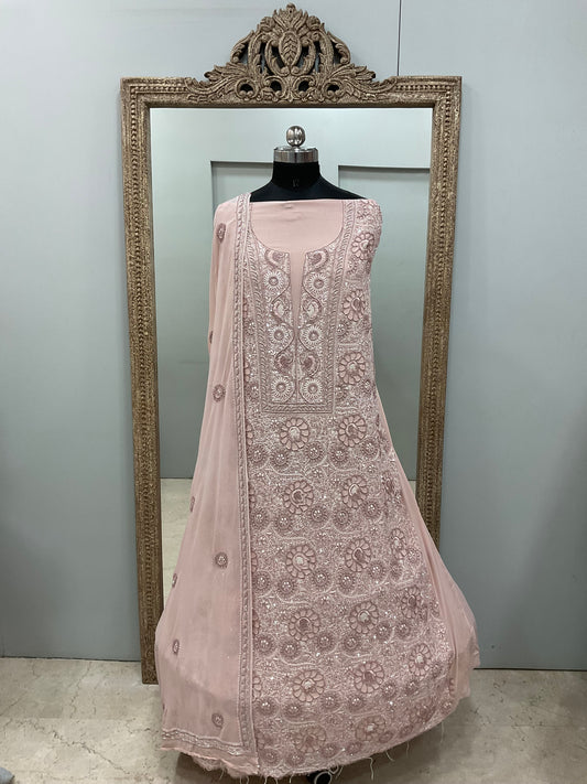 Superfine Pure Georgette Heavy Cutdana Pearl And Sequence Work Designer With Dupatta Beige