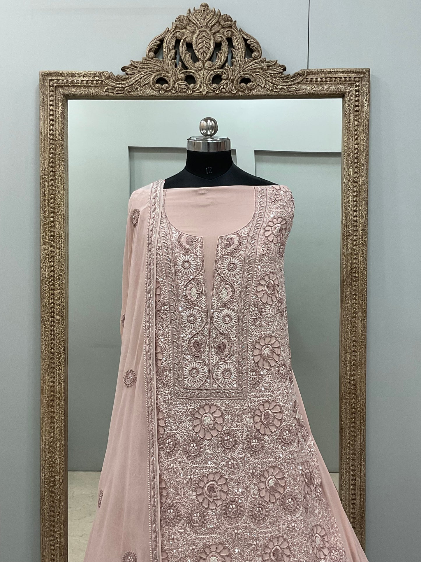 Superfine Pure Georgette Heavy Cutdana Pearl And Sequence Work Designer With Dupatta Beige