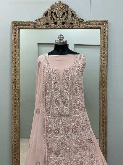 Superfine Pure Georgette Heavy Cutdana Pearl And Sequence Work Designer With Dupatta Beige