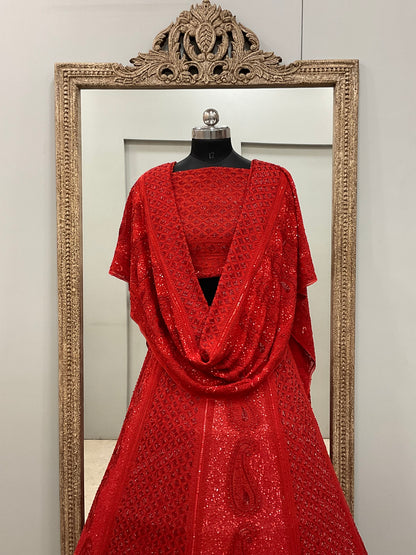 Pure Georgette Lehenga Heavy Pearl, Cutdana and Sequence Red
