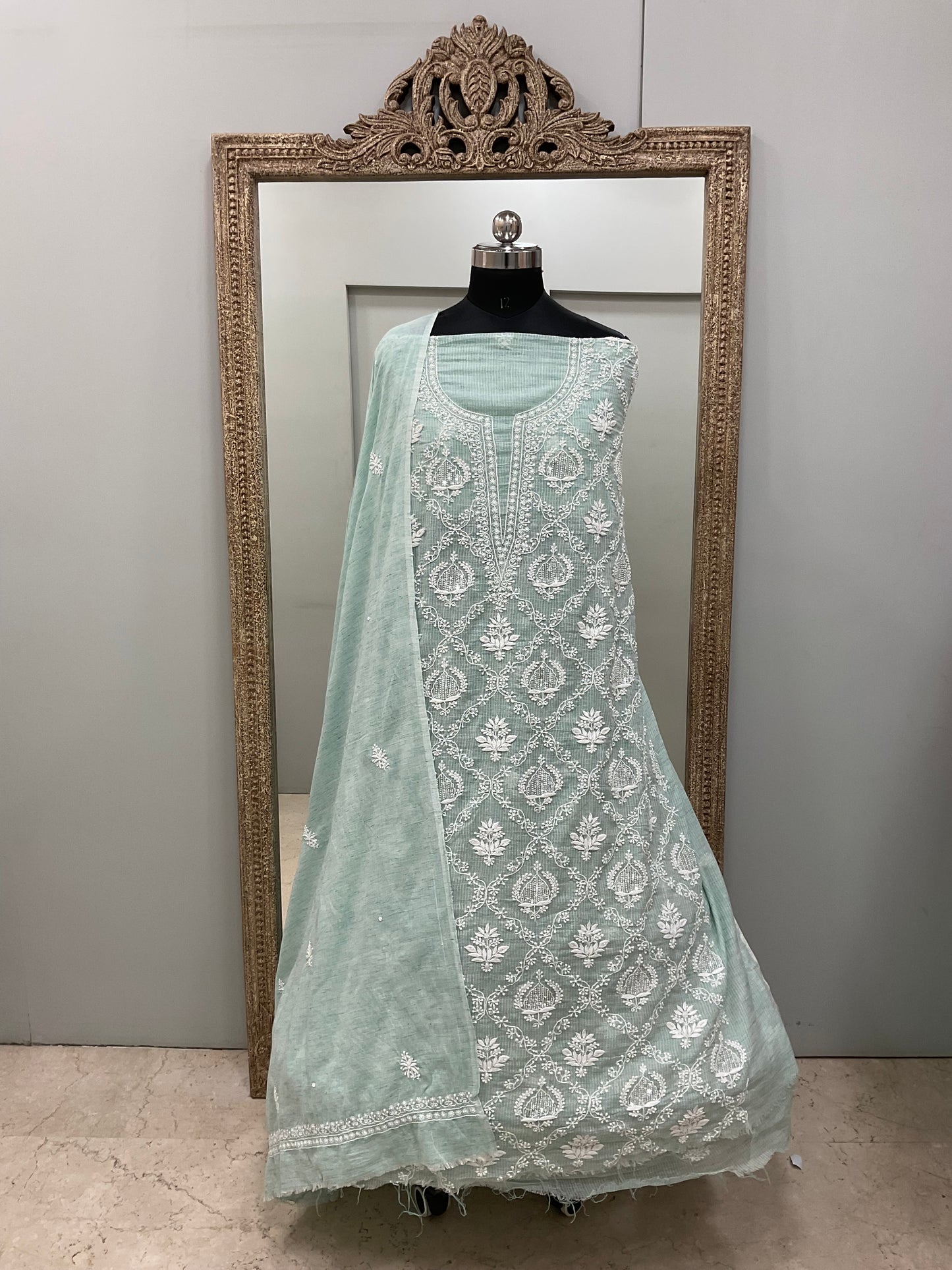Pure Kota Straight Chikan And Sequence Work  Shirt And  Dupatta Green