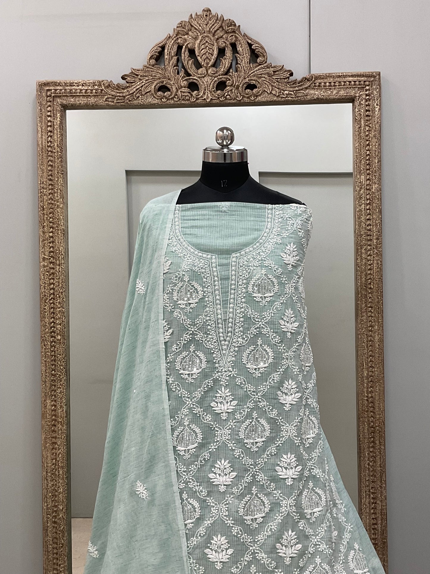 Pure Kota Straight Chikan And Sequence Work  Shirt And  Dupatta Green